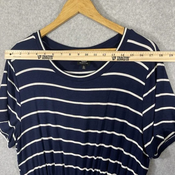 Bobeau Dress Women Large Navy White Midi Short Sleeve Round Neck Elastic Waist‎ - Picture 6 of 8
